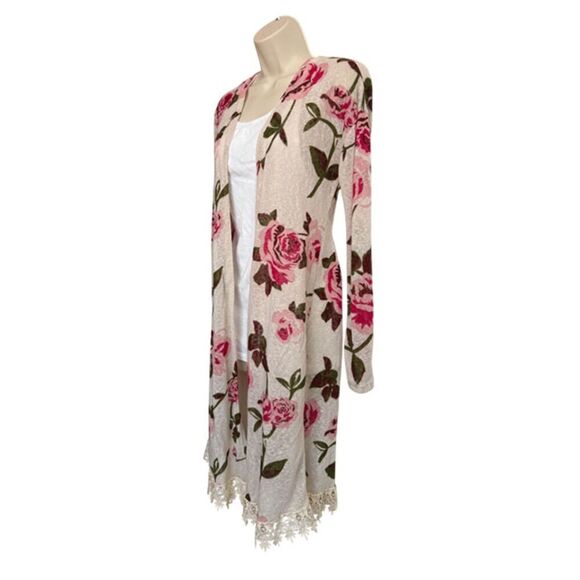 Freshman Beige & Pink Floral & Lace Trim Duster Cardigan Sweater Size M - Picture 4 of 10